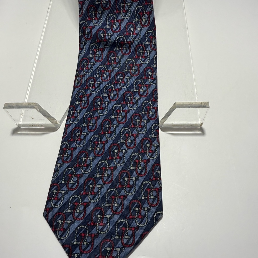Hermes Silk Vintage Tie. Navy Red and gray pattern.